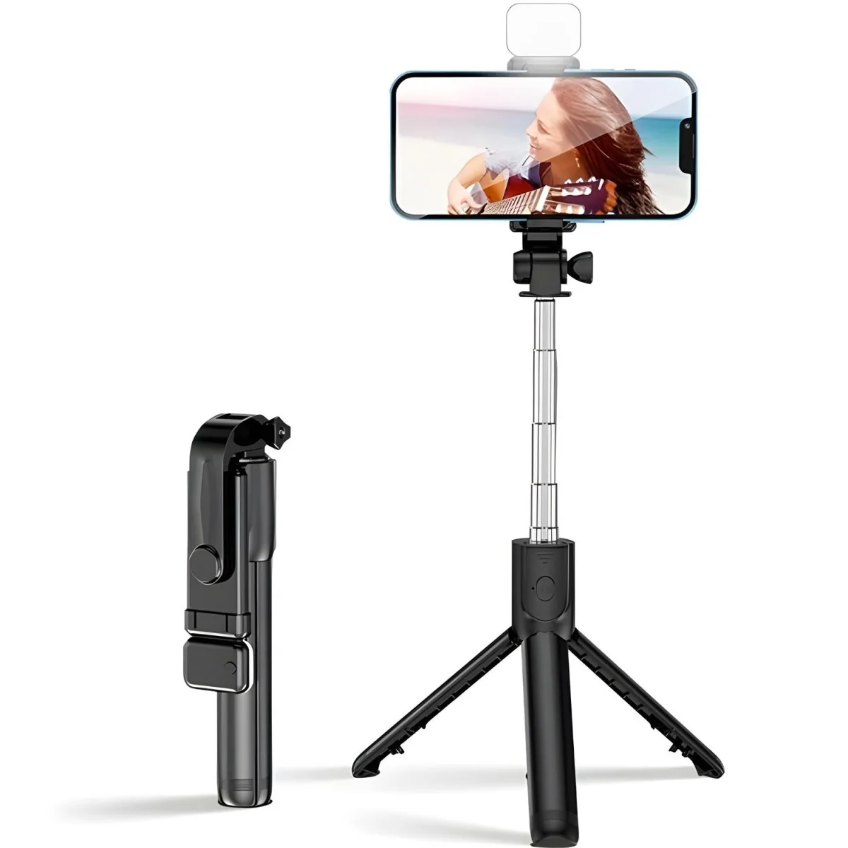 Selfie tyč s teleskopickým statívom a svetlom