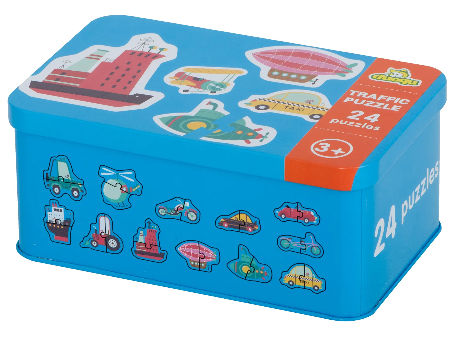 Puzzle pre deti v plechovej krabičke, 24 dielikov, dopravné prostiedky