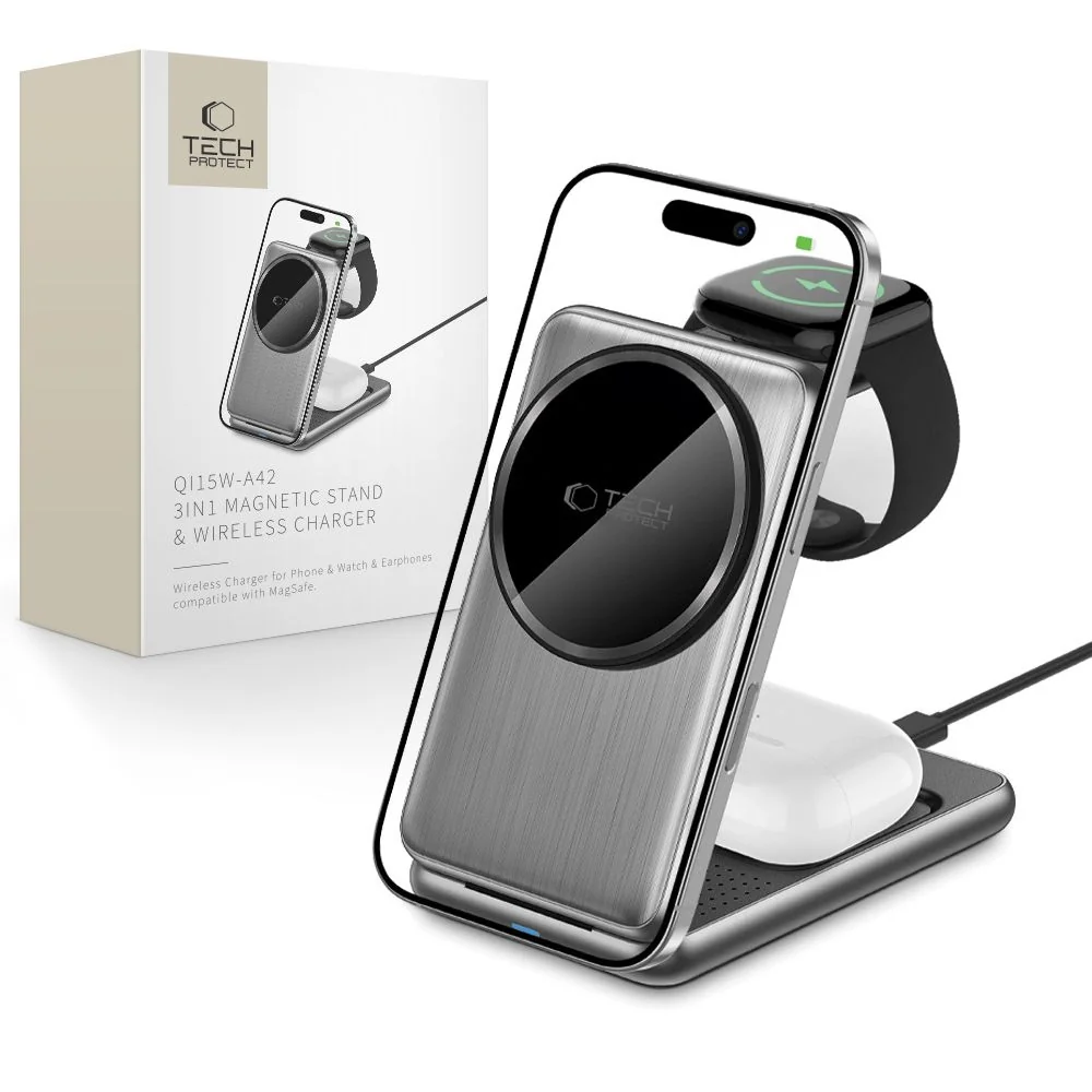 Tech-Protect A42 3in1 MagSafe bezdrôtová nabíjačka na mobil / Apple Watch / AirPods 15W, šedá tch / AirPods 15W, šedá