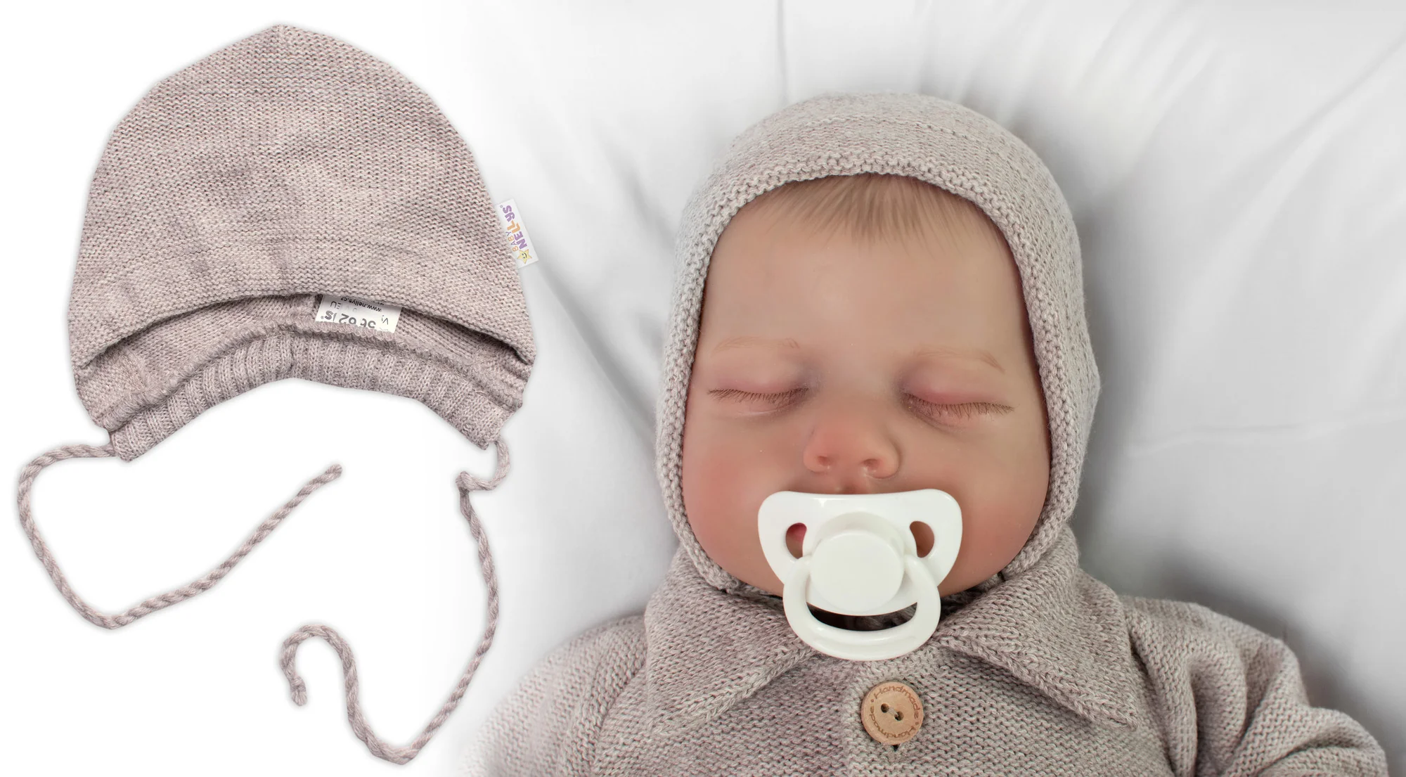Pletená čiapočka na zaväzovanie bonetka Boy, Hand Made Baby Nellys, bežová 