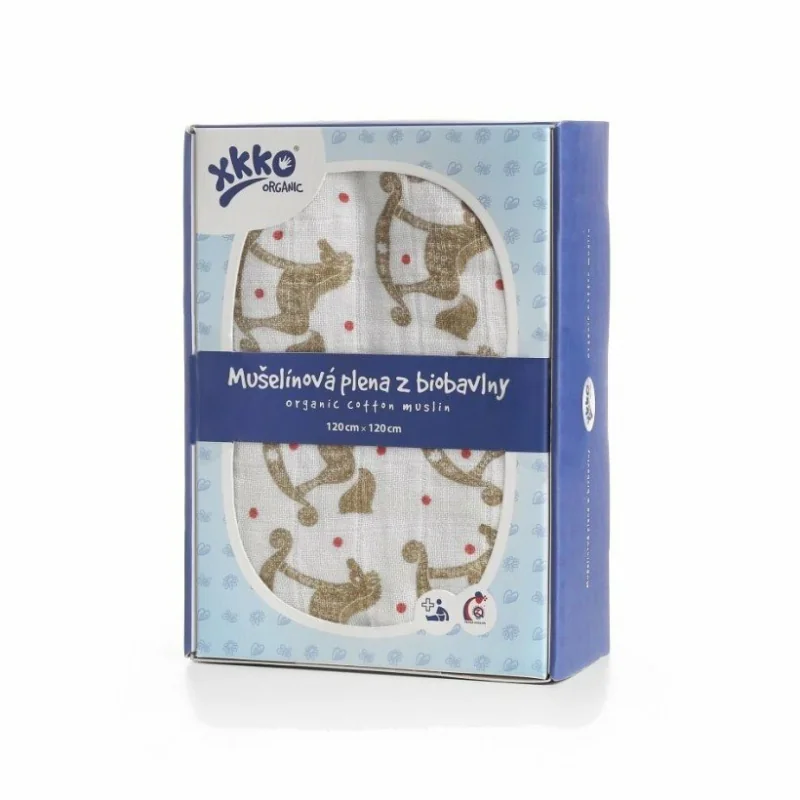 XKKO Organic biobavlnená mušelínová zavinovačka 120x120 Rocking Horses Gold