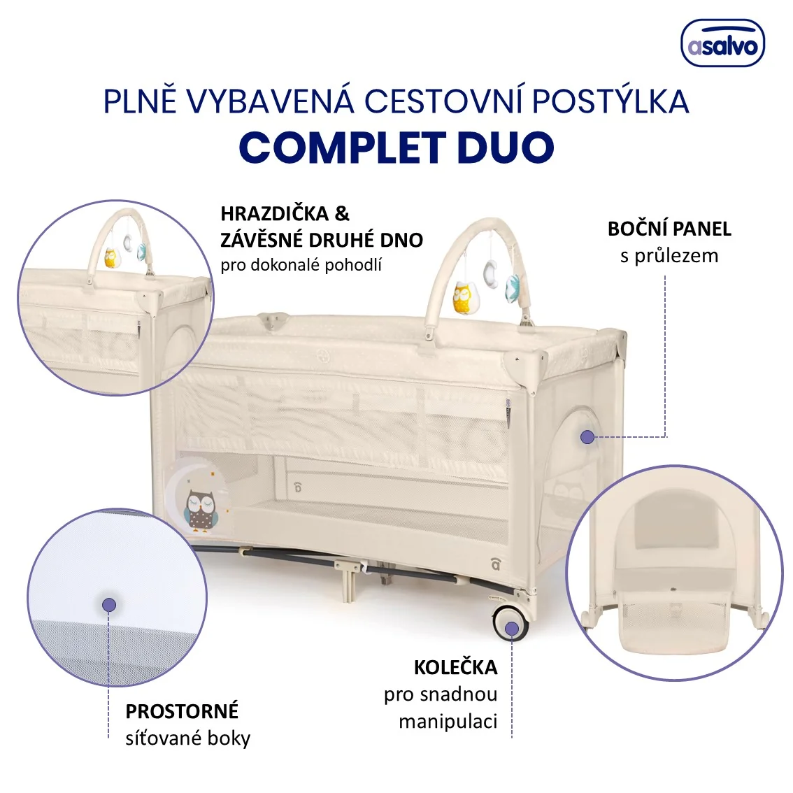Asalvo Complet Duo cestovná postieľka, závesné lôžko a hrací oblúk, sova