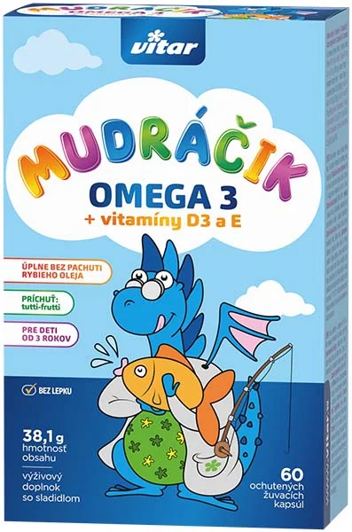 MUDráčik Omega 3 + Vitamíny D3, E 1×60 cps, žuvacie kapsule s príchuťou tutti-frutti