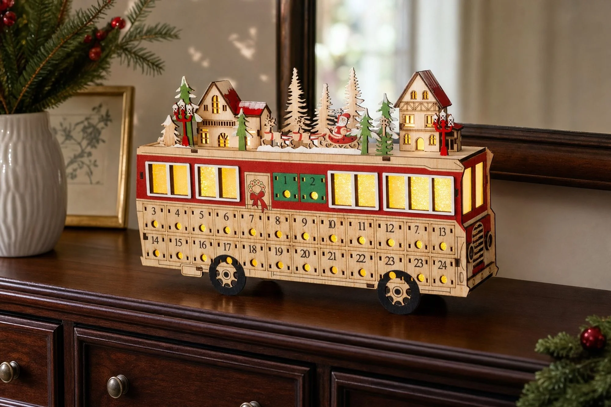 MagicHome vianočný LED autobus, 1 ks 8 LED teplá biela, 2xAAA, IP20, 27,7x7,5x19 cm