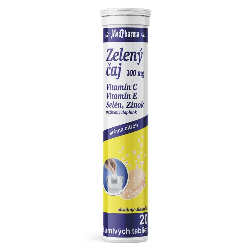 MedPharma ZELENÝ ČAJ 100 MG + Vit. E, C + Se + Zn 1×20 tbl, ZELENÝ ČAJ s Vitamínom C, E, Selénom a Zinkom