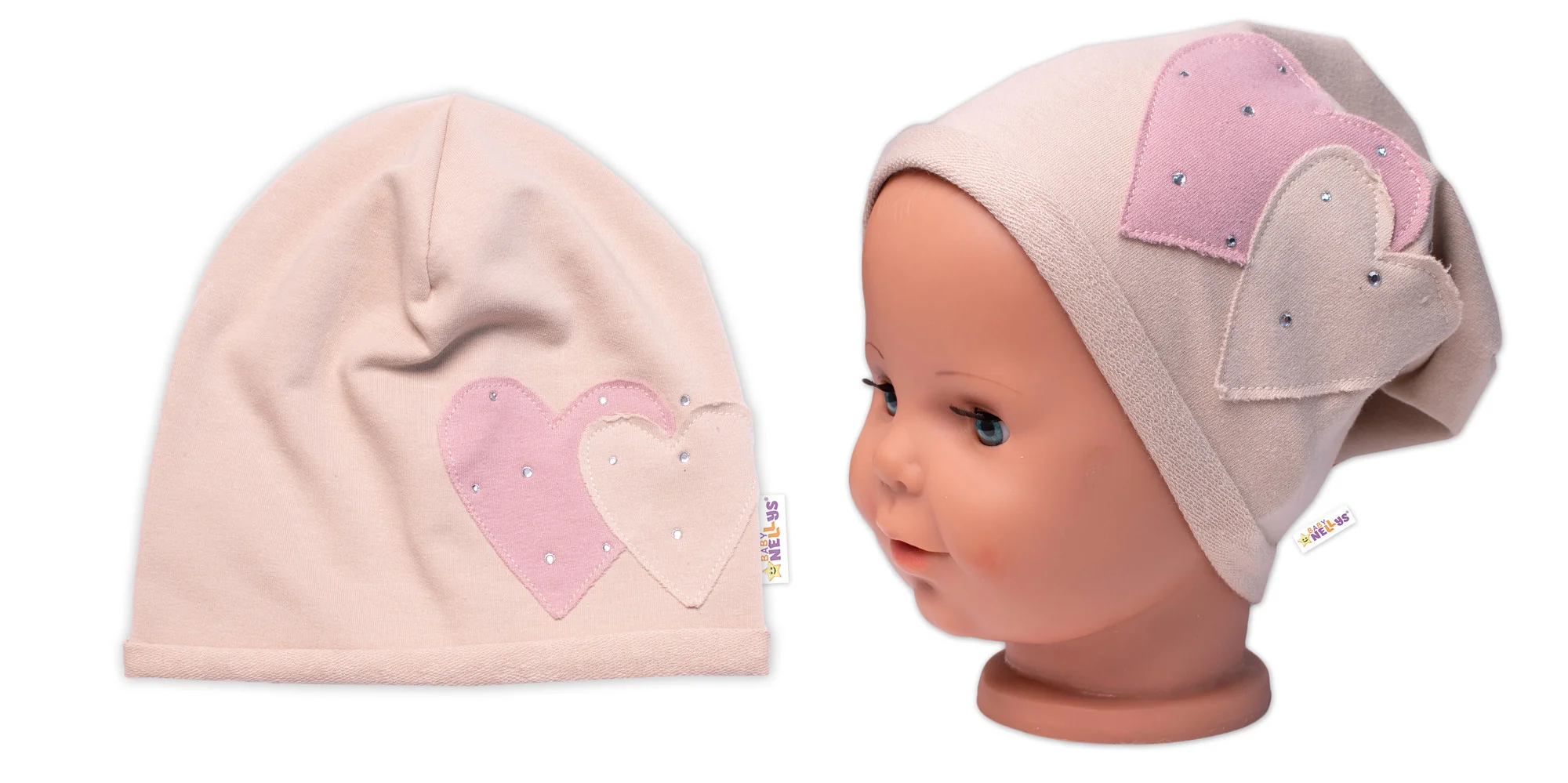 Detská čiapka bavlna, Srdiečka s kamienkami, Baby Nellys, béžová