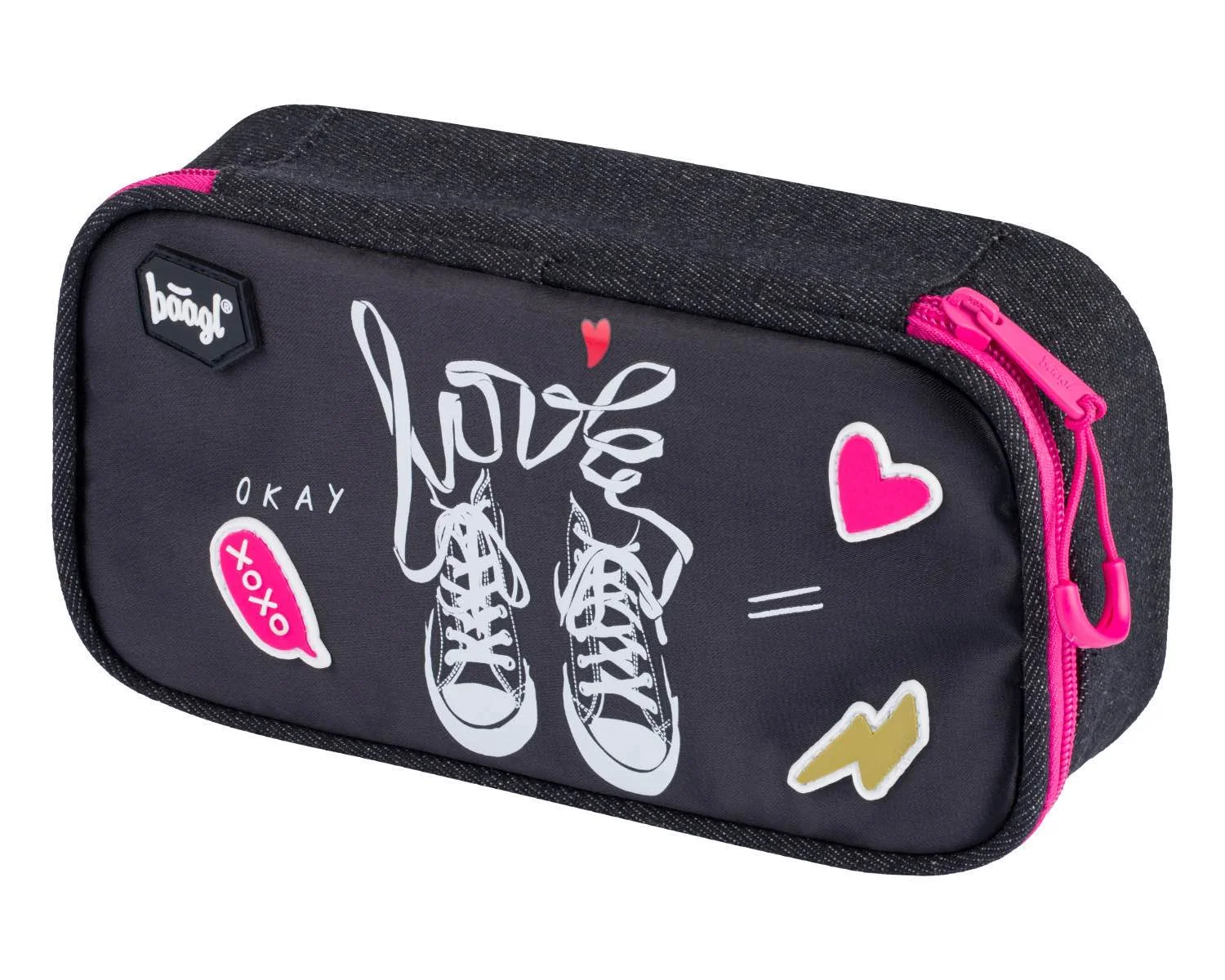 Baagl Školský peračník etui Tenisky, denim, ružový zips modrý, oválny