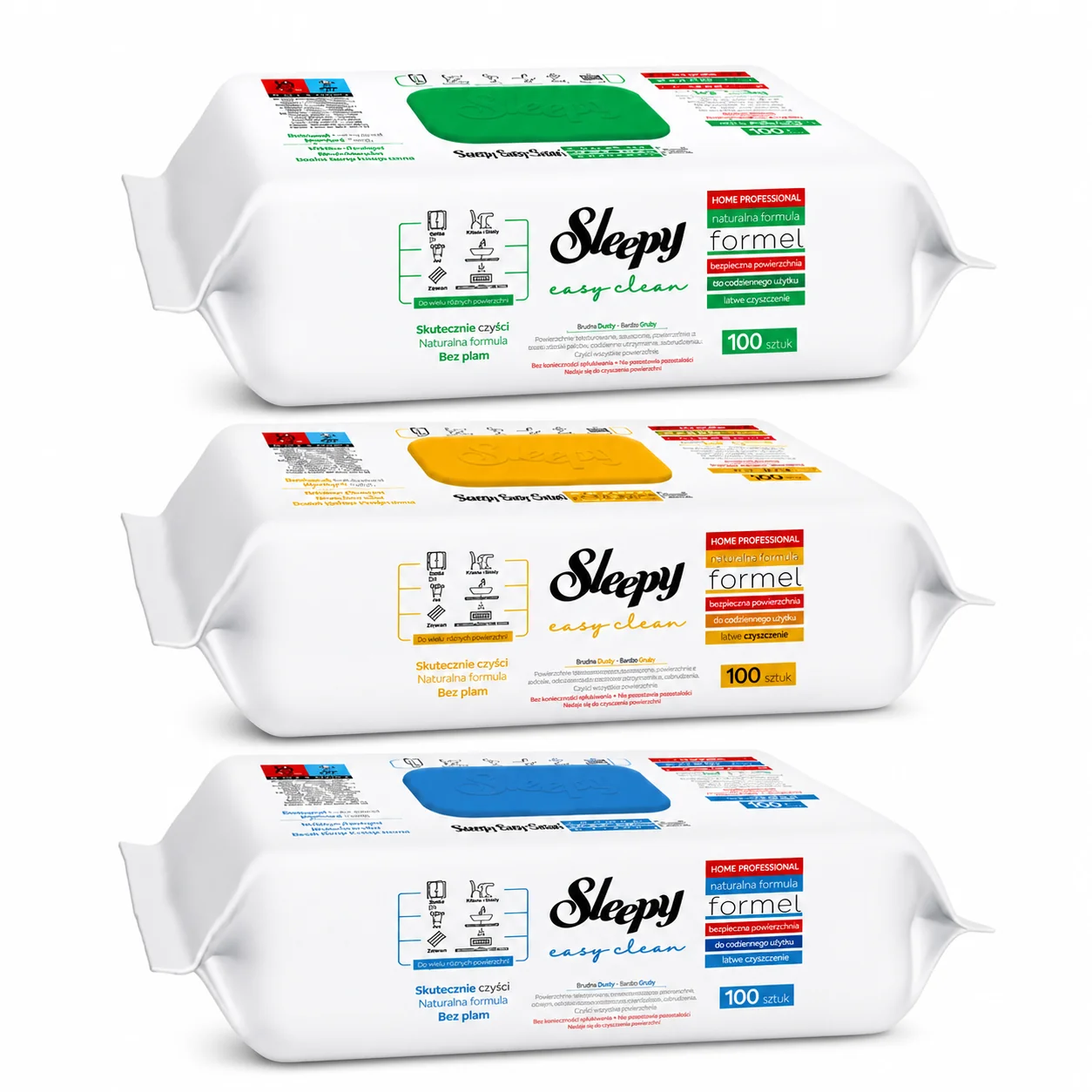 Sleepy Easy Clean vlhčené obrúsky na čistenie povrchov mix eukalyptus, biele mydlo, bieliaci účinok 300 ks (3x100 ks)