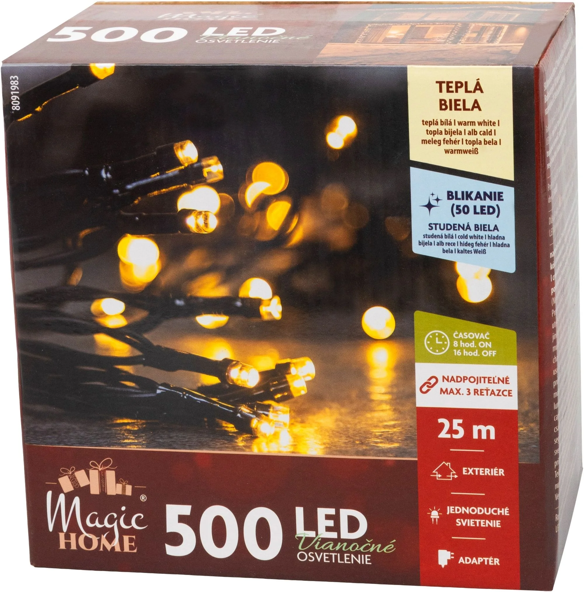 MagicHome vianočná LED reťaz, 1 ks Časovač, 500 LED, teplá biela, 10 funkcií, 25 m, IP44