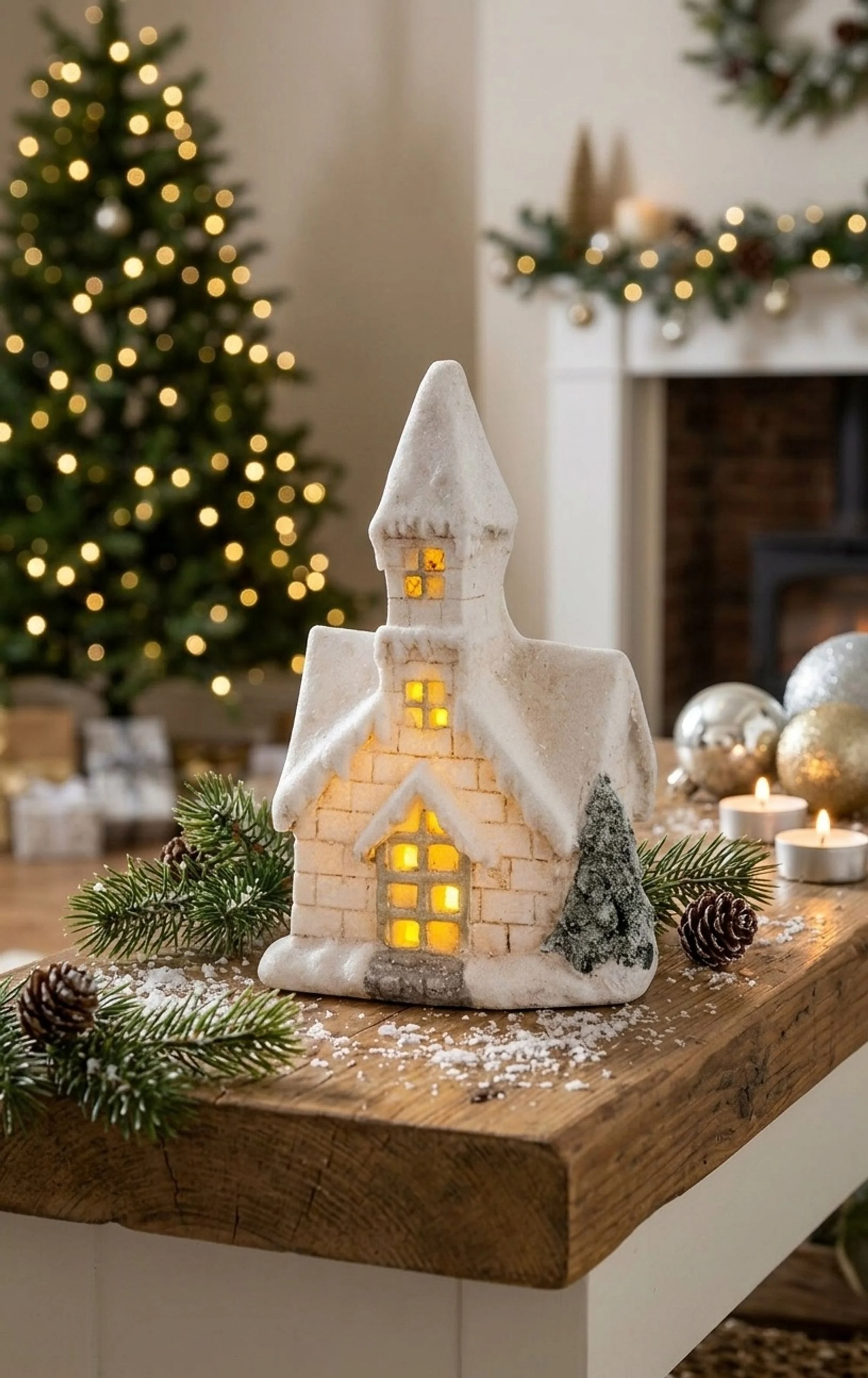 MagicHome vianočný LED kostol, 1 ks Keramika, 3 LED žltá, 3xAAA, interiér, 17x11x27 cm