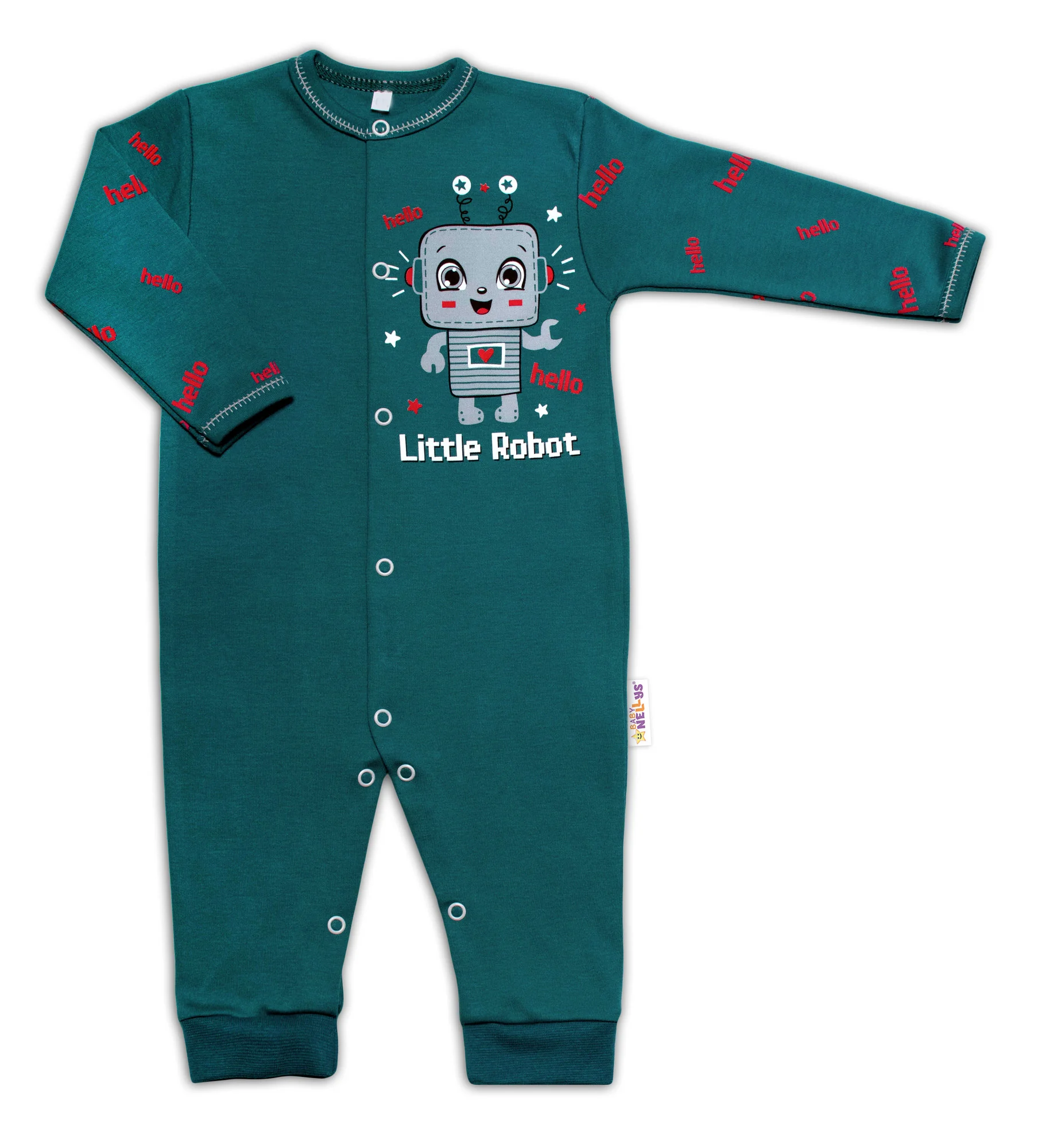 Baby Nellys Bavlnený dojčenský overal bez šľapiek Little Robot, tmavo zelený