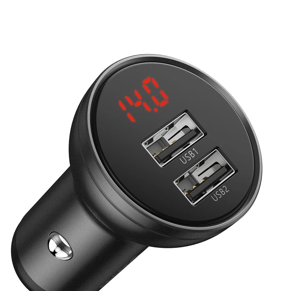Baseus Digital 2x USB autonabíjačka + 3in1 kábel USB - UBS C / Micro U SB / Lightning 1.2m, čierna