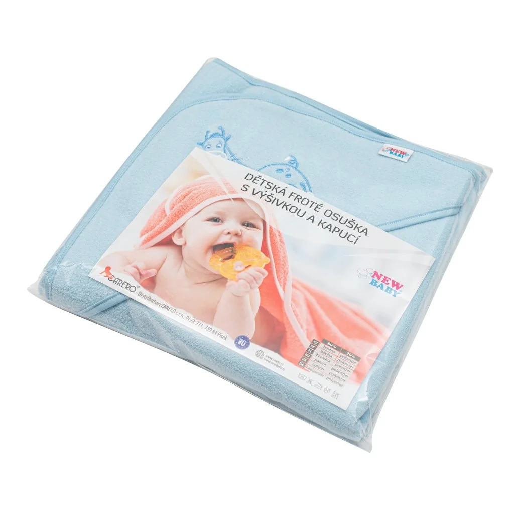 Detská froté osuška s výšivkou a kapuckou New Baby 80x80 modrá
