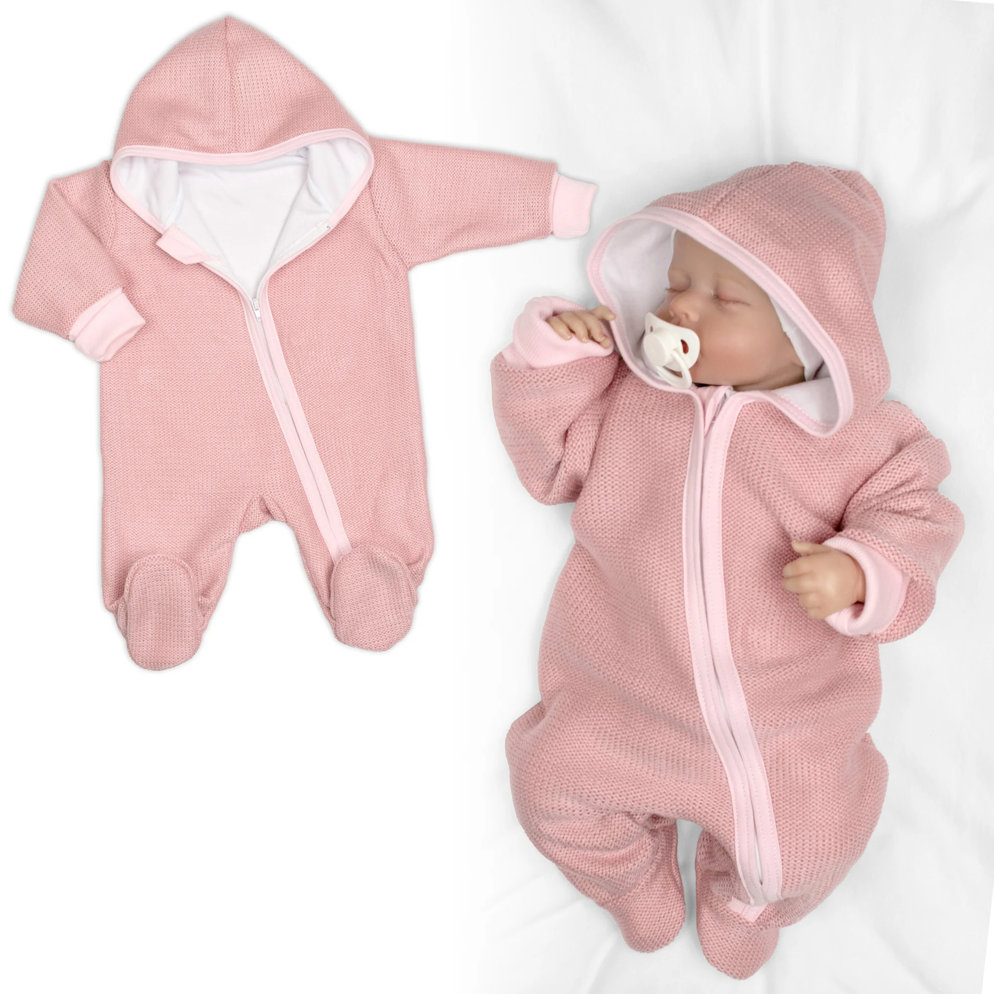 Pletený overal s kapucňou, CUTE - púdrovo růžová, veľ. 68