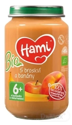 Hami ovocný príkrm BIO s broskyňou a banánmi 1×200 ks, detský príkrm