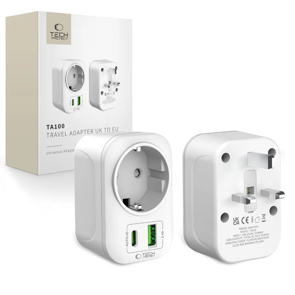 Tech-Protect TA100 cestovný adaptér UK / EU, biely