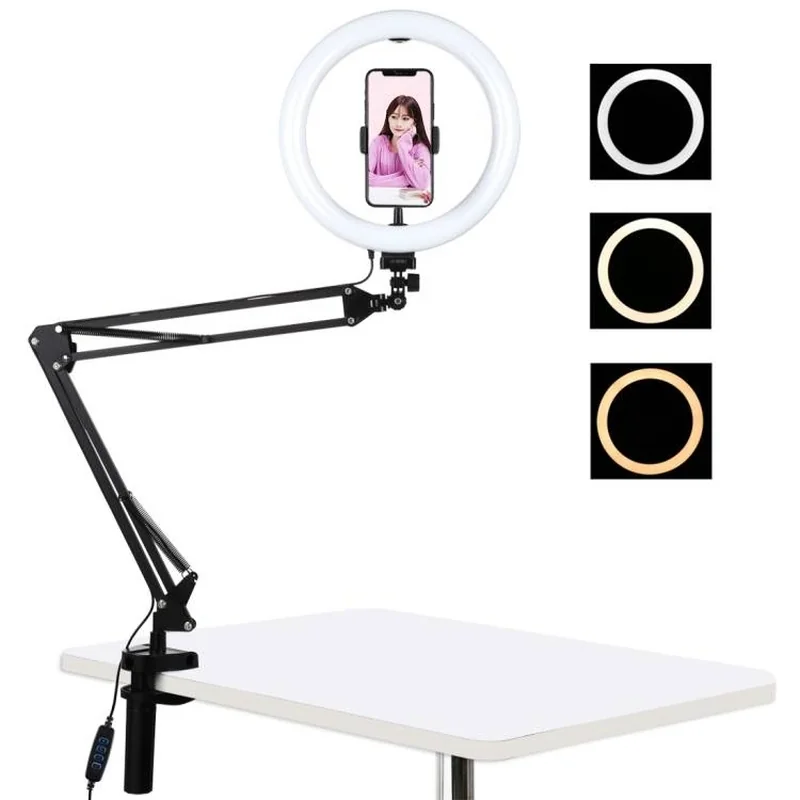 PULUZ Selfie Ring kruhové LED svetlo 10'' + držiak na stôl, čierne
