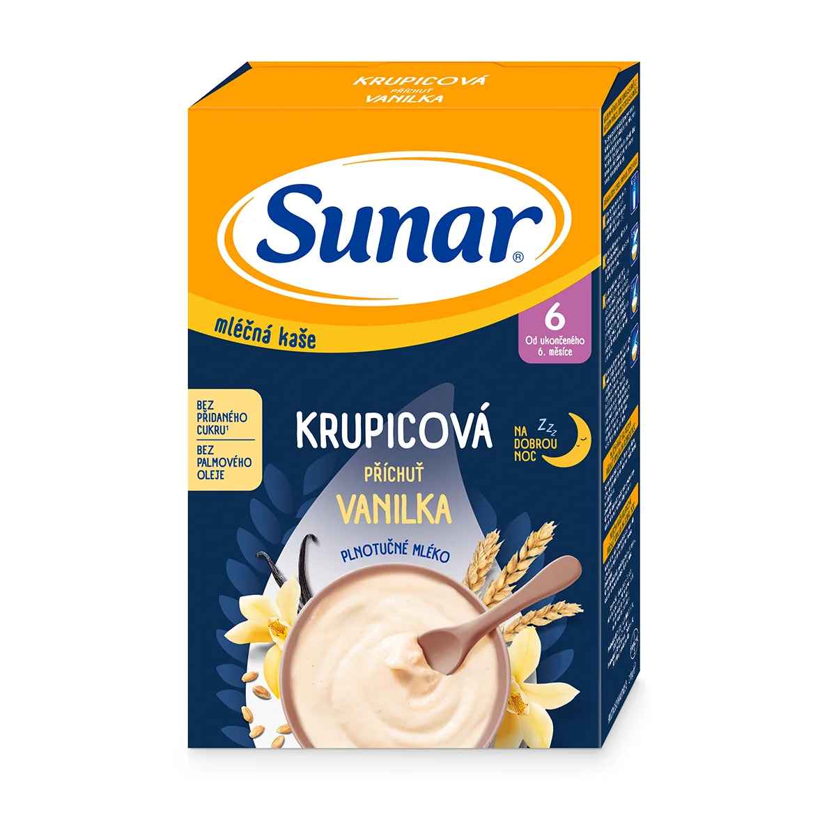 Sunar mliečna kaša krupicová príchuť vanilka na dobrú noc 1×210 g, instantná, obilno-mliečna kaša, od ukončeného 6. mesiaca