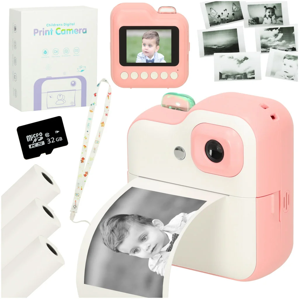 Detský fotoaparát s tlačiarňou s kartou 32 GB, ružový 