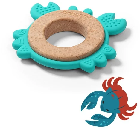 BABYONO Hryzačka dreveno-silikónová Crab 1×1 ks, hryzátko pre deti