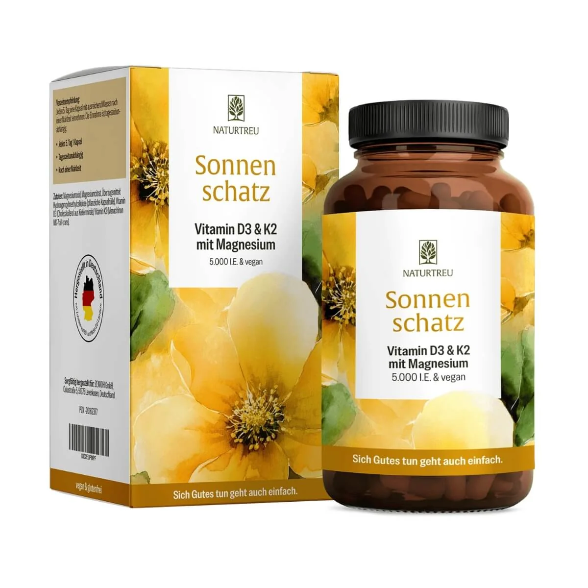 Naturtreu Slnečný poklad - vegánsky vitamín D3 5 000 IU s K2 a horčíkom, 90 kapsúl