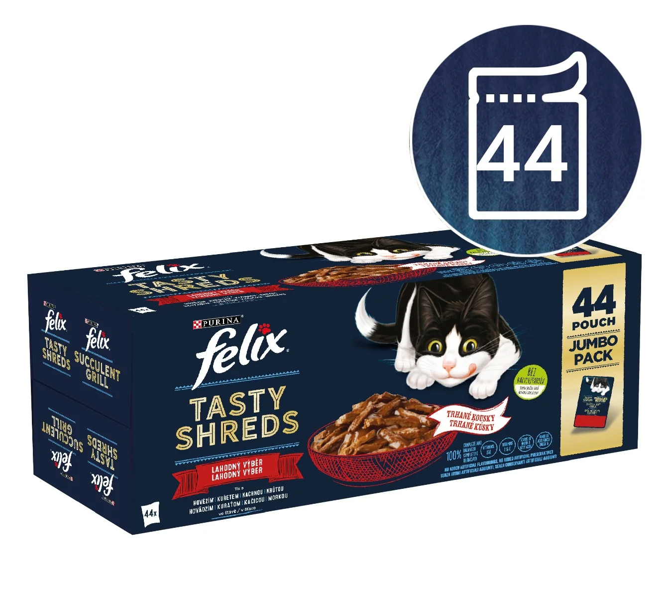 Felix Tasty Shreds kapsičky pre mačky hovädzie, kura, kačica, morka v šťave 44x80 g 44×80 g, kapsičky pre mačky