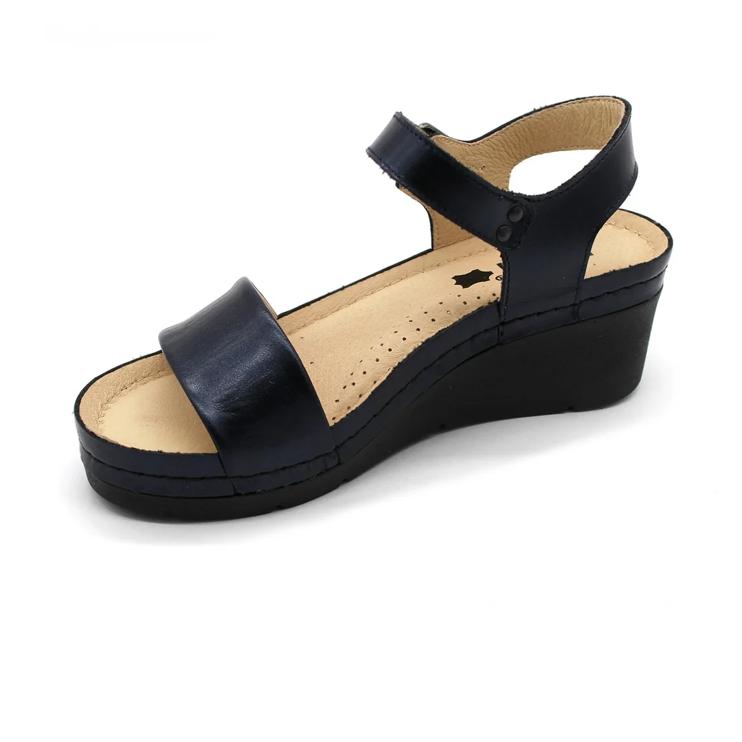 Leon 1070 Zdravotné kožené sandále na vyššom opätku 37 - 24cm, modrá, 6,5 cm