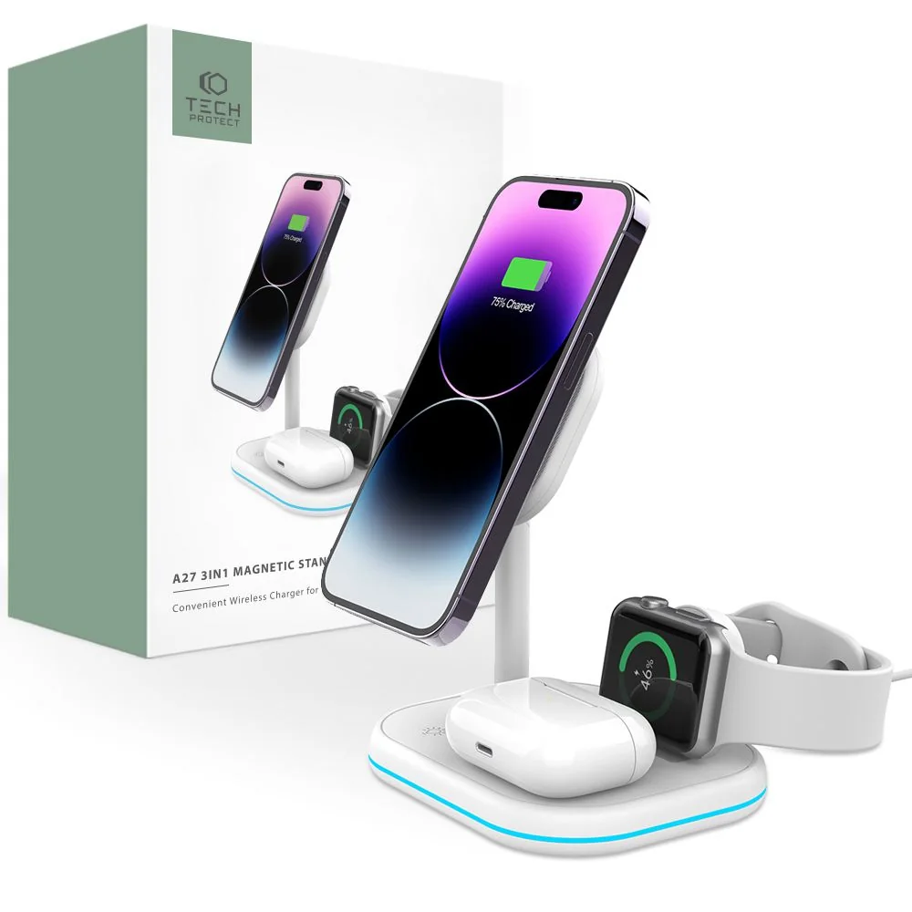 Tech-Protect A27 MagSafe bezdrôtová nabíjačka na mobil / Apple Watch / Airpods, biela Airpods, biela