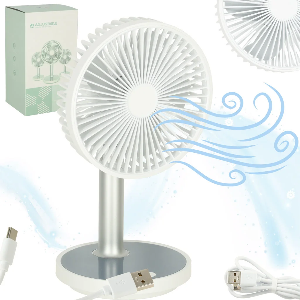 Bezdrôtový stolový ventilátor – biely, 4 režimy, výška 30–38 cm, USB-C