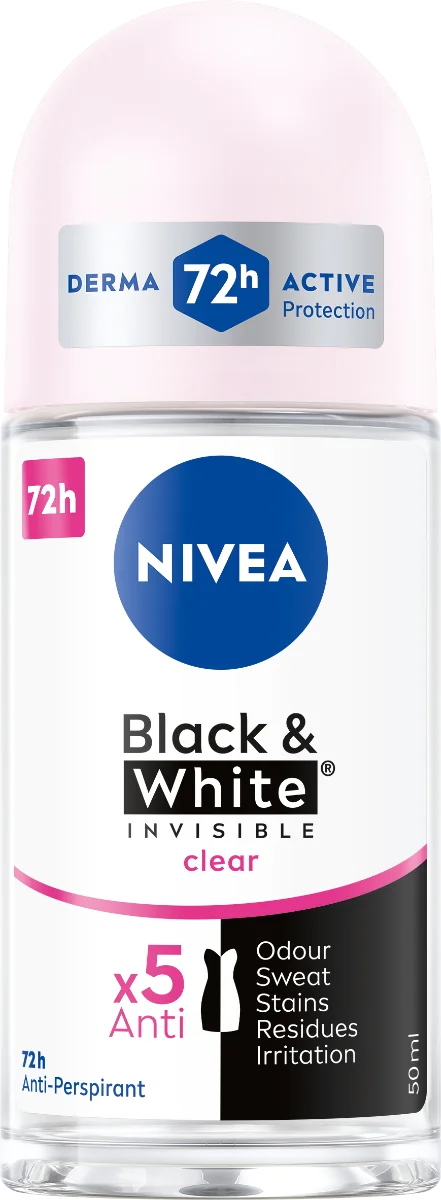 NIVEA Anti-perspirant BLACK & WHITE Clear 1×50 ml, guľôčkový antiperspirant, 48 h výdrž