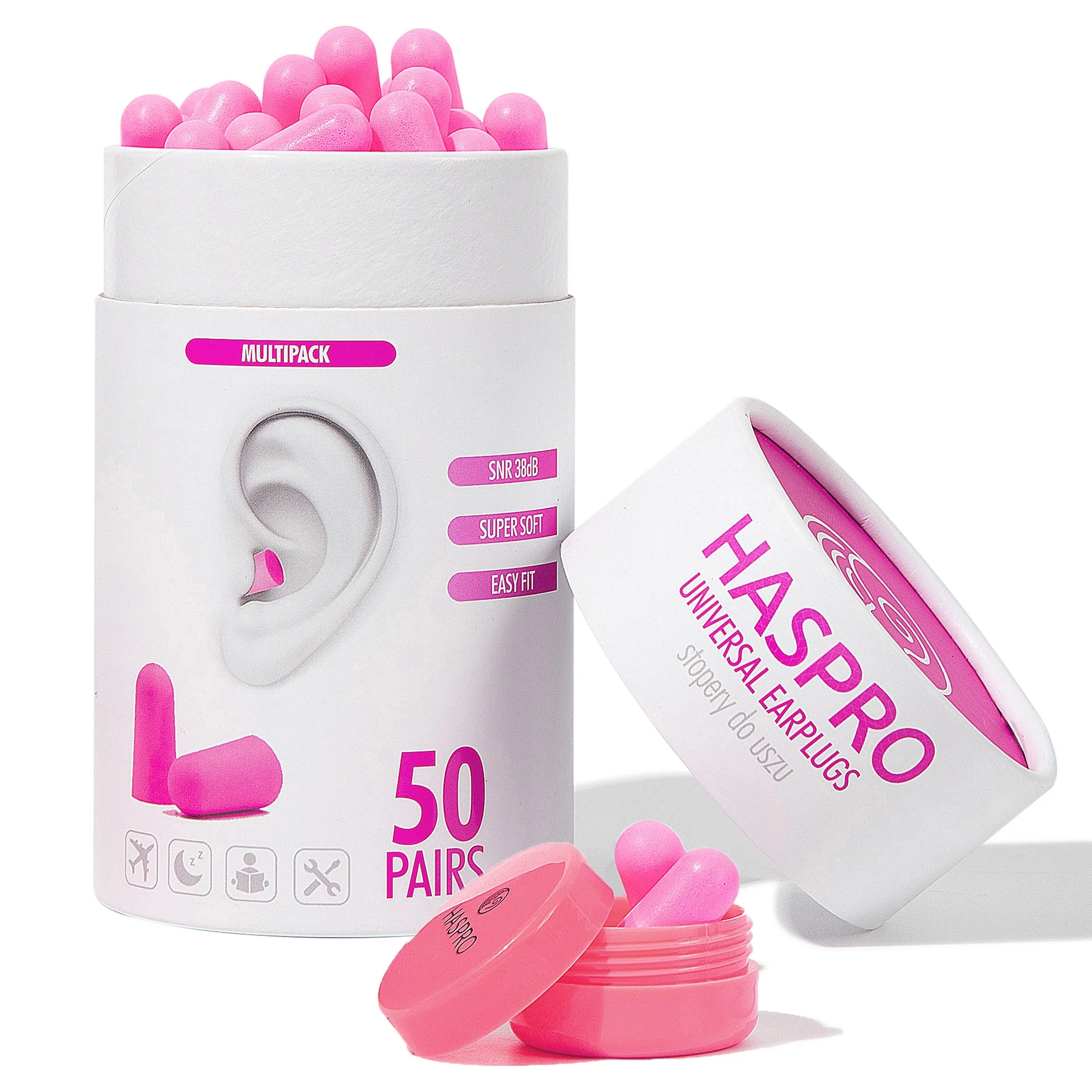 HASPRO Tube50 univerzálne penové ušné zátky, 50 párov / 100 ks, ružové