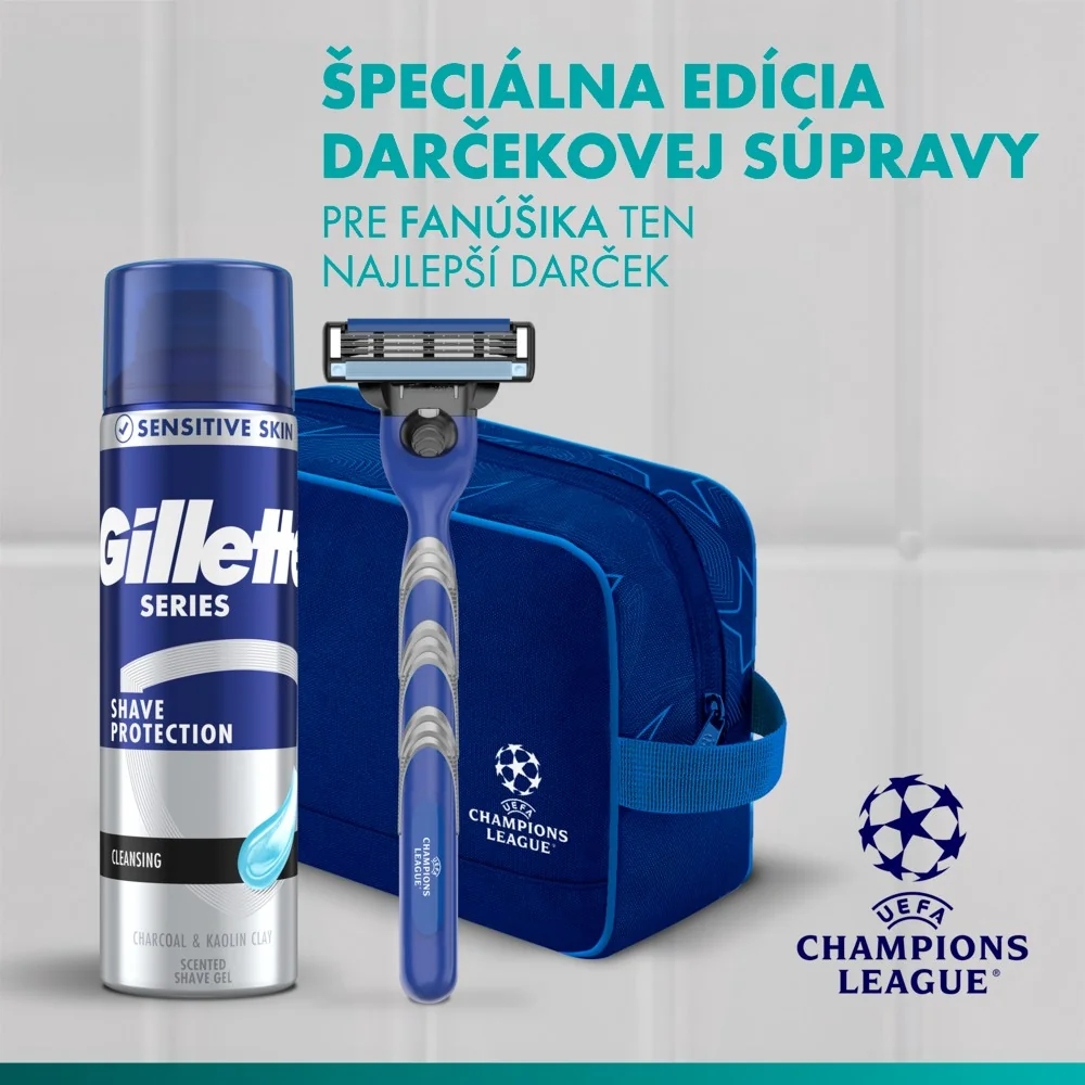Gillette Mach3 UEFA Champions League Special Edition: pánsky holiaci strojček, gél na holenie, kozmetická taška 1 set