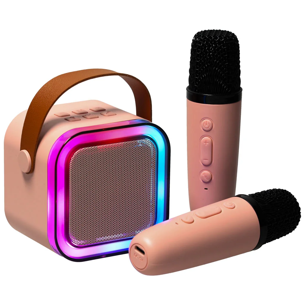 Karaoke set 2 mikrofóny + prenosný reproduktor BLUETOOTH USB LED ružová