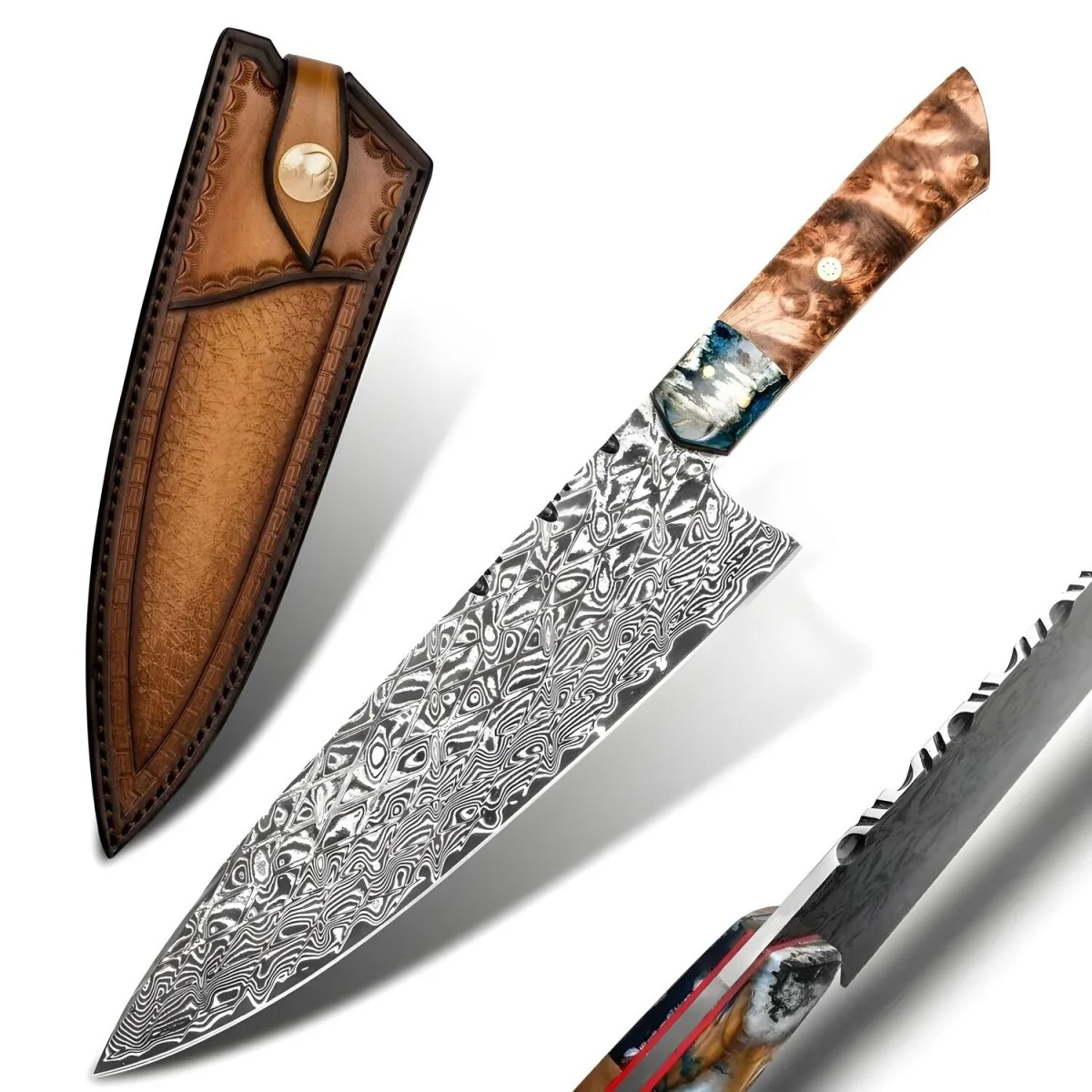 Damaškový kuchynský nôž Ryoko ručne vyrobený, dĺžka 21cm