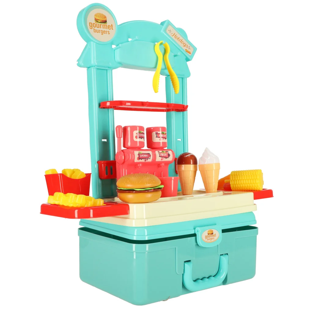 Detská kuchynka v kufríku – fast food set (hamburger, hranolky, zmrzlina) 53 cm (3+)