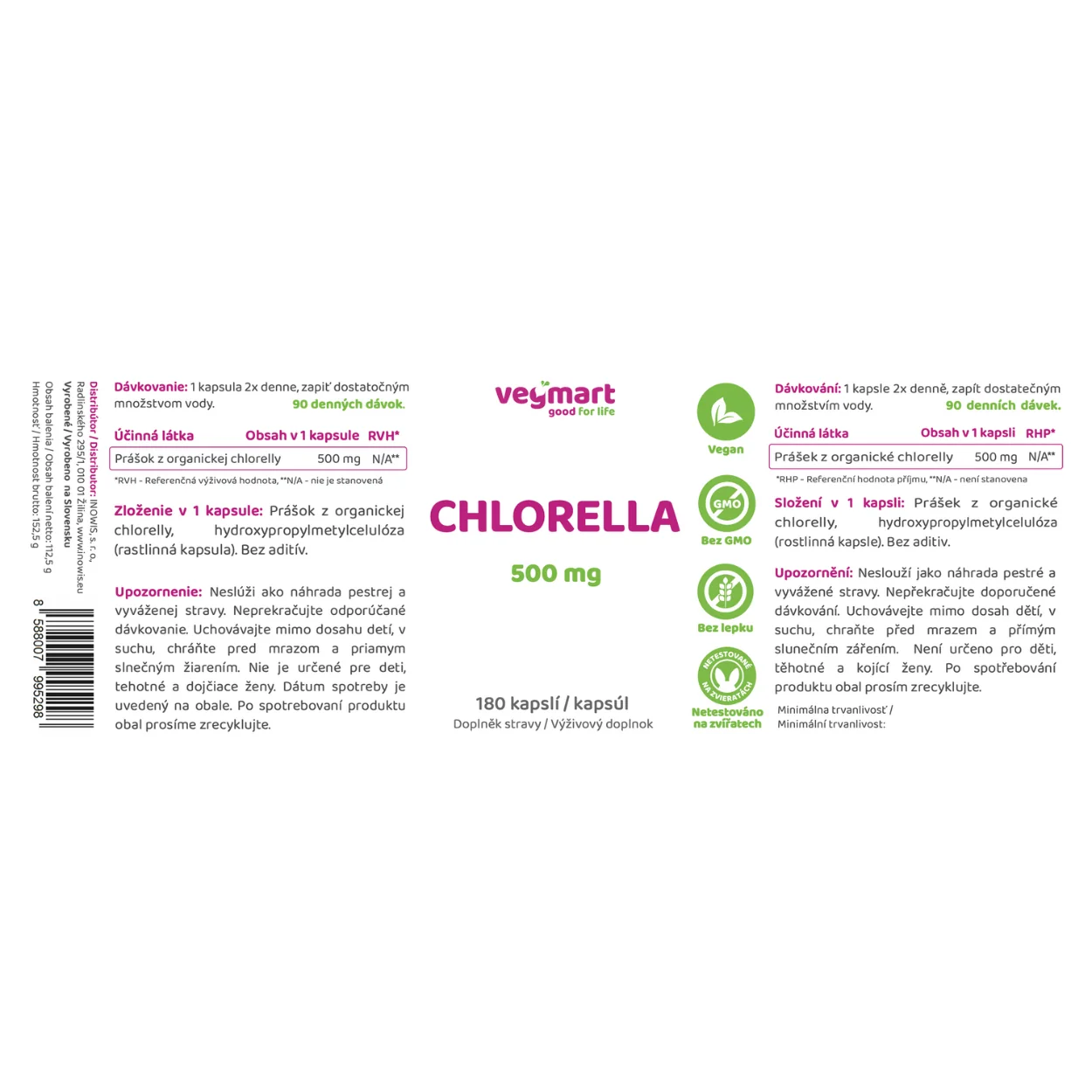 Vegmart Chlorella 500 mg, 250 kapsúl