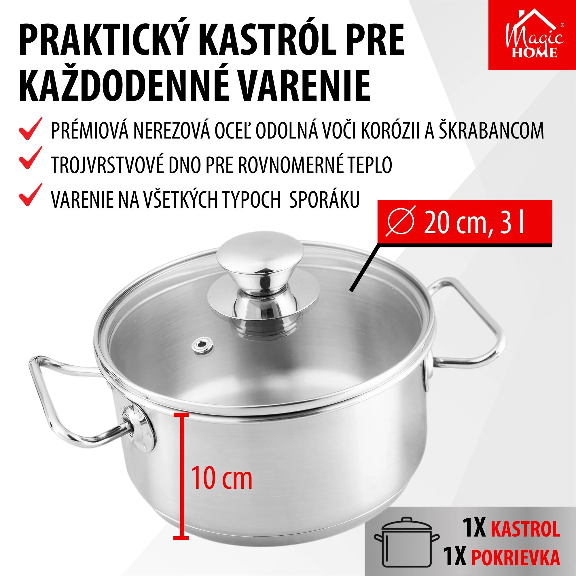 MagicHome kastról Chloe, 1 ks Hrniec, 20 cm, 3 l, so sklenenou pokrievkou, nerez