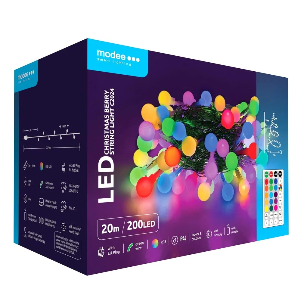 Modee Lighting LED vianočná reťaz 200 LED 20m multicolor bobule + diaľkové
