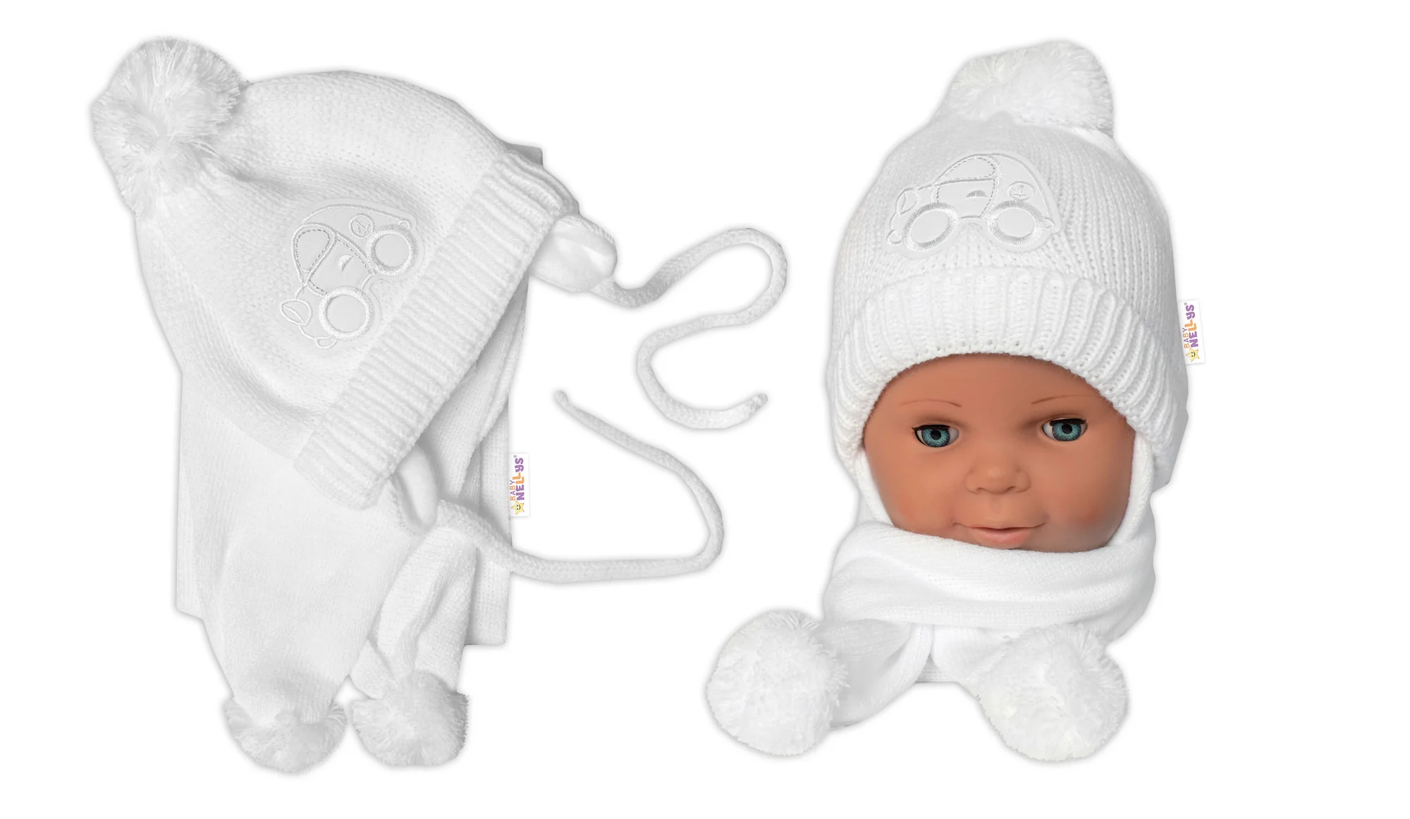 Zimná čiapočka s šálom - Autíčko, biela, 0-6m,