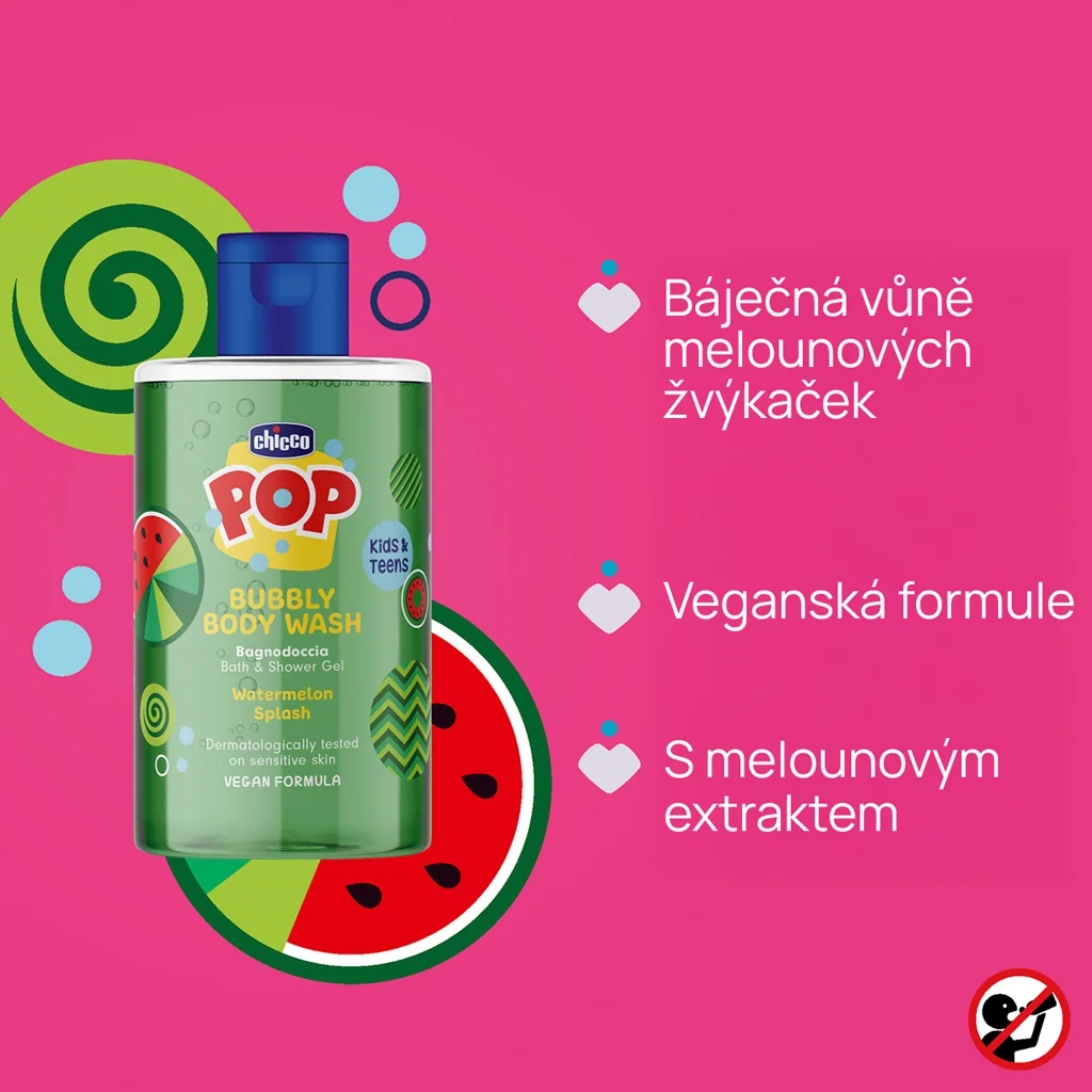 CHICCO Kúpeľový a sprchový gél POP so športovým vreckom Bubbly Watermelon 300ml 300 ml