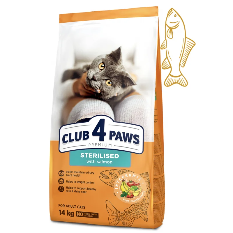 CLUB 4 PAWS Premium STERILISED s lososom pre dospelé sterilizované mačky 14 kg (9497)