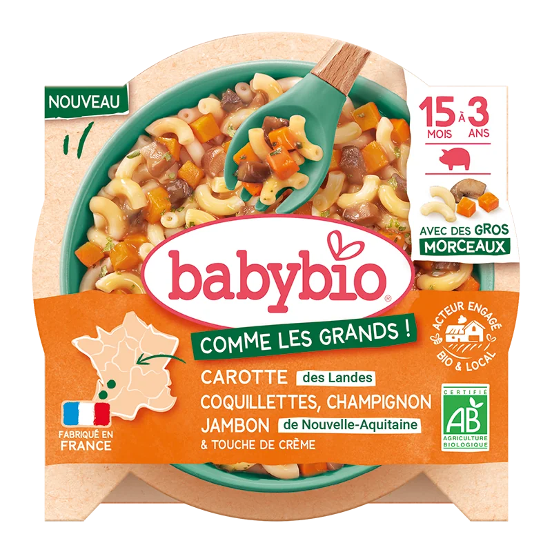 BABYBIO cestoviny coquillettes s mrkvou, šampiňónmi, šunkou a smotanou 200 g