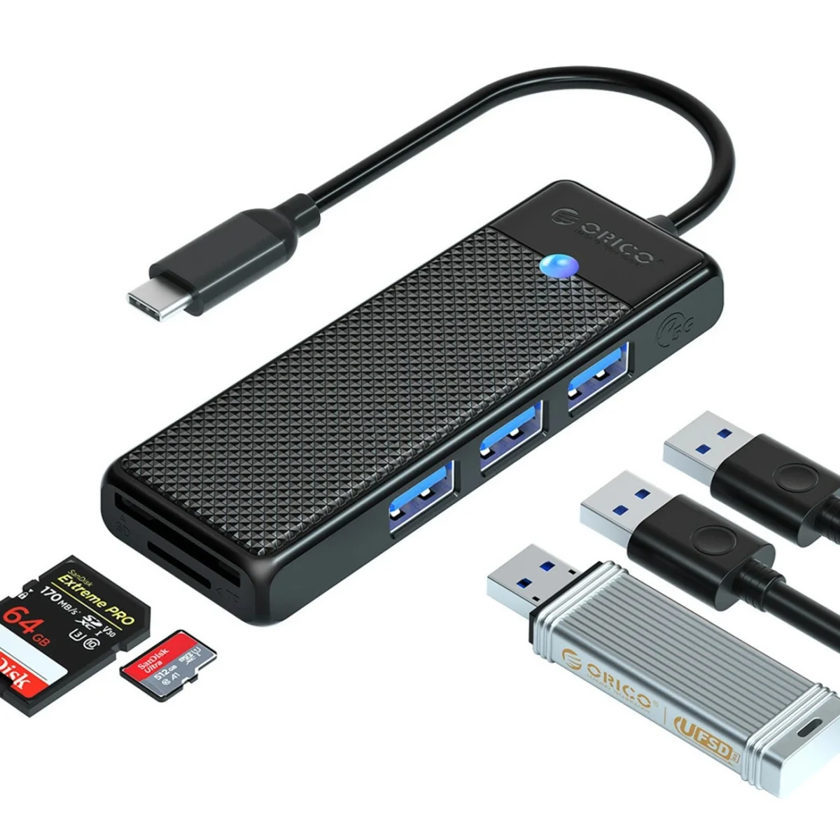 Orico PAPW3AT-C3 USB-C HUB adaptér 3x USB 3.0 / microSD/SD 0.15 m, čierny