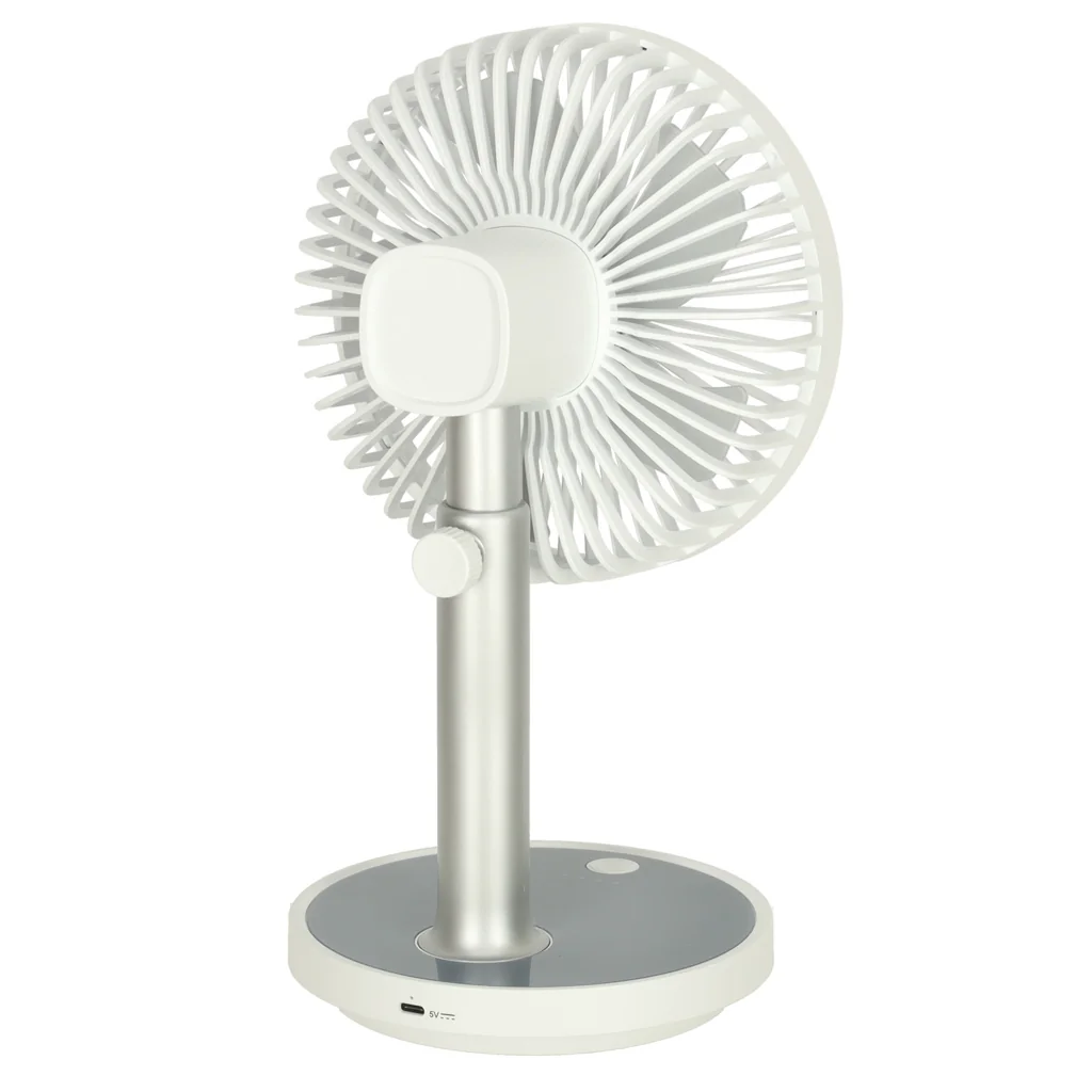 Bezdrôtový stolový ventilátor – biely, 4 režimy, výška 30–38 cm, USB-C
