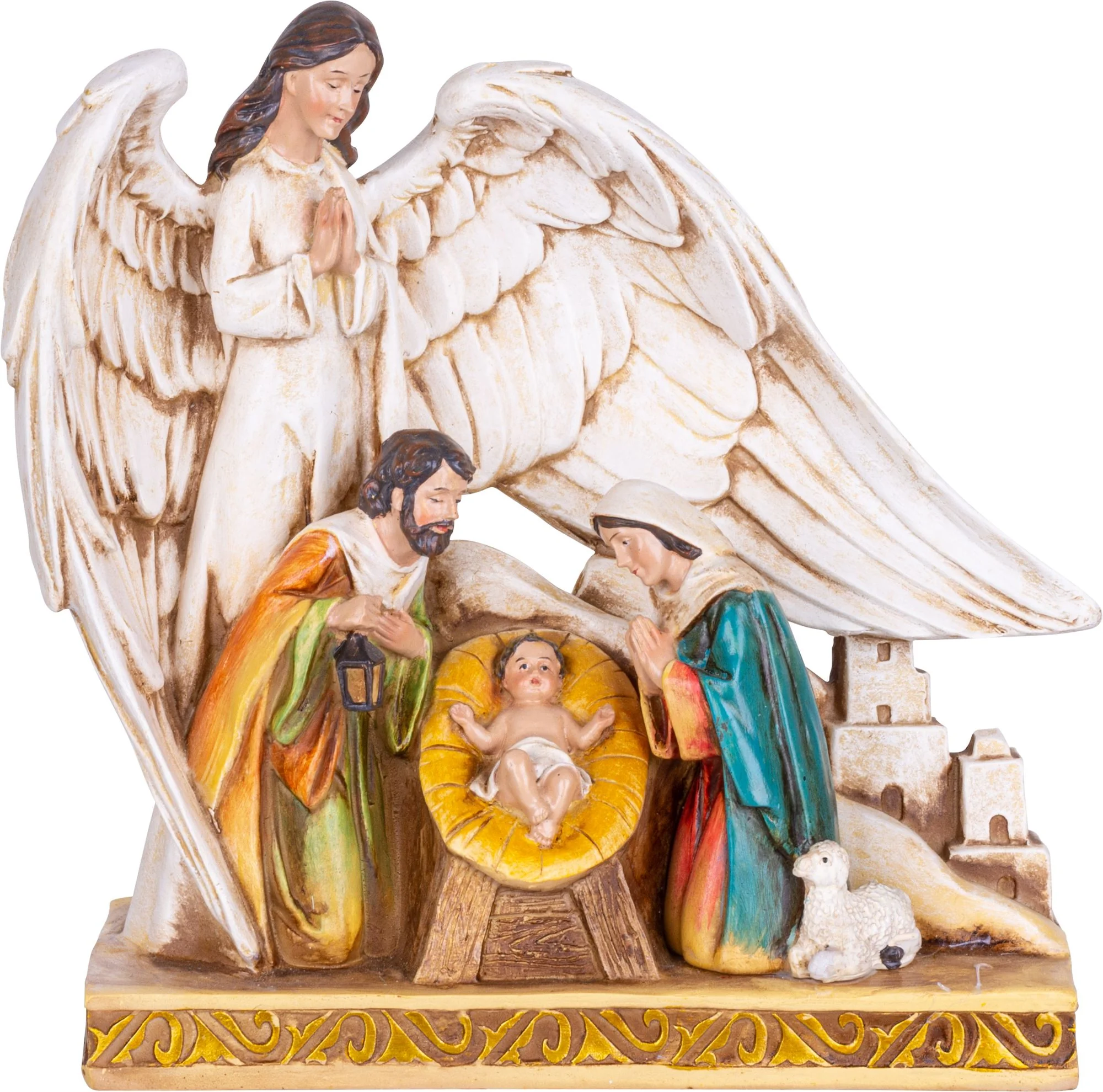 MagicHome vianočná dekorácia Svätá rodinka pod krídlami anjela, 1 ks Polyresin, 21,5 cm