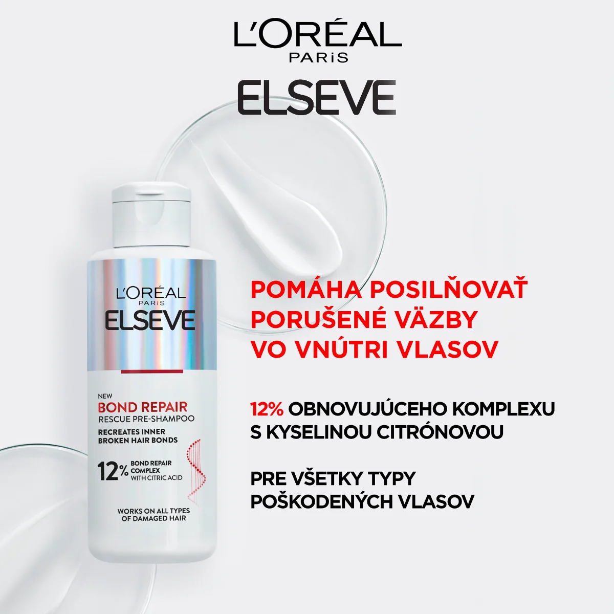 L'Oréal Paris Elseve Bond Repair regeneračná predšamponová starostlivosť s kyselinou citrónovou, pre všetky typy poškodených vlasov, 200 ml 1×200 ml, regeneračná predšamponová starostlivosť
