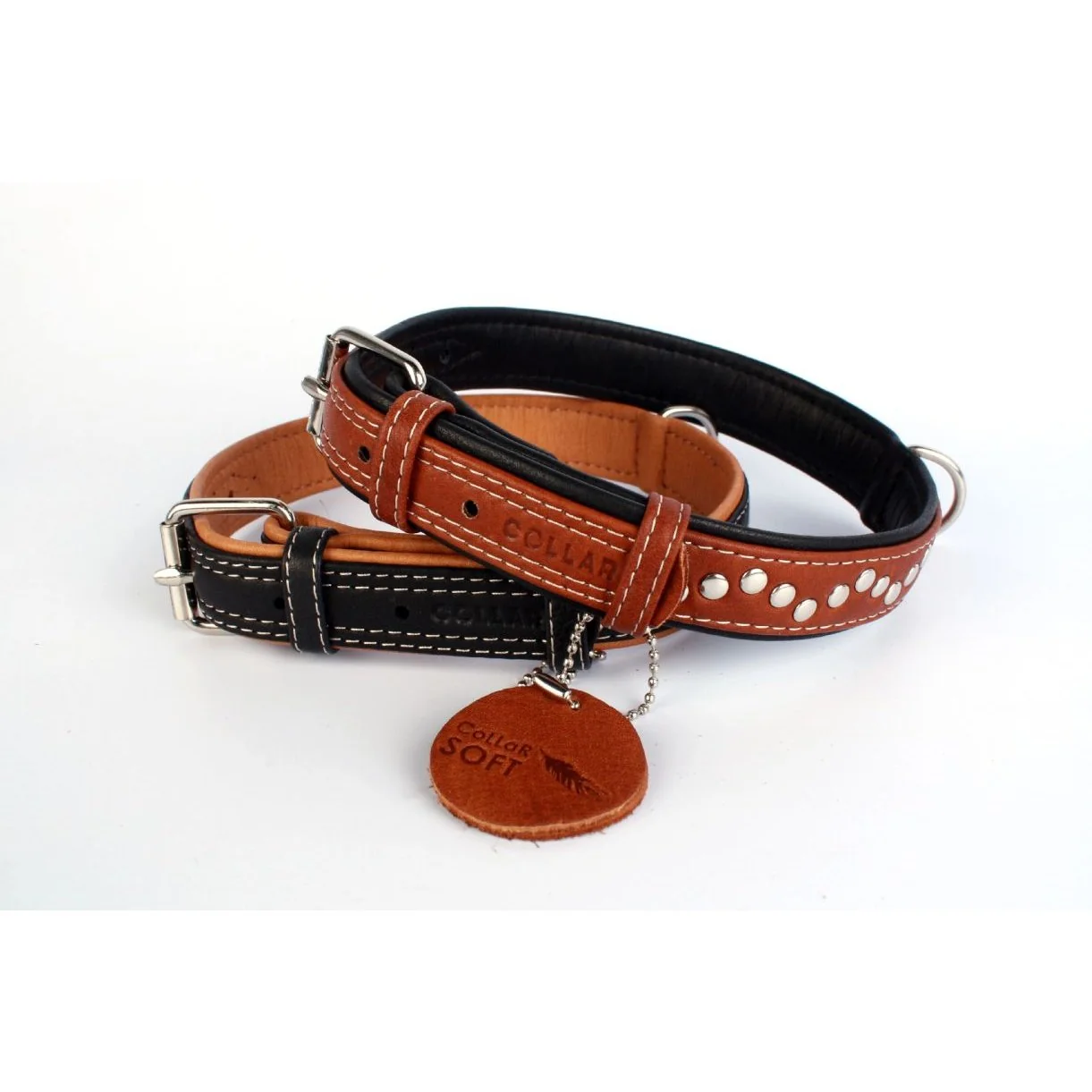 Plochý kožený obojok Soft hnedo čierny vybíjaný, Obvod krku: dĺžka: 38 - 49 cm, širka: 25 mm