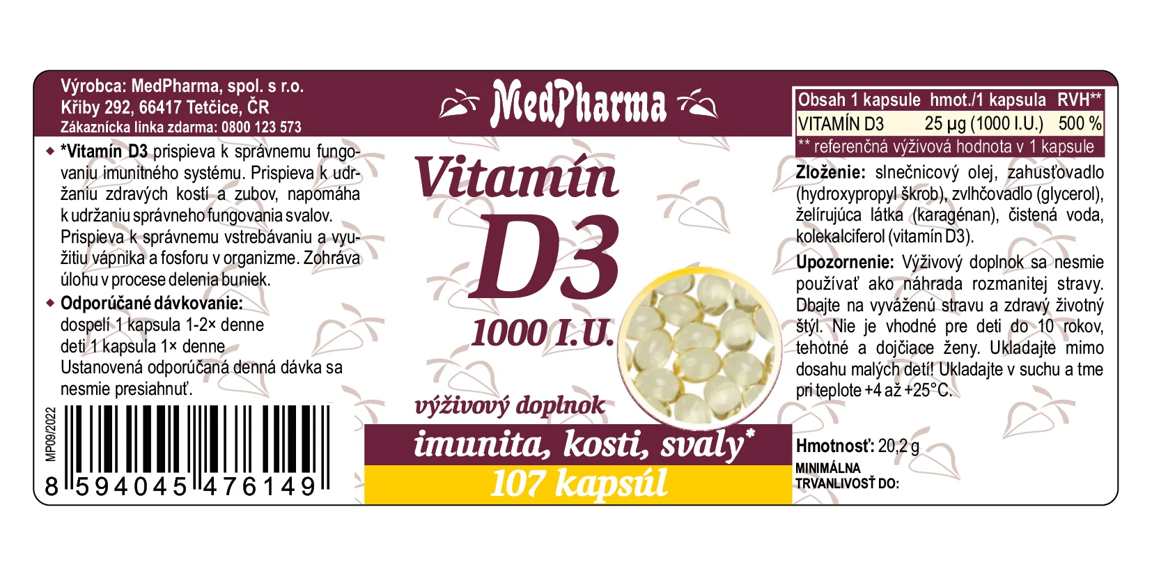 MedPharma Vitamín D3 1000 I.U. 1×107 tbl, výživový doplnok