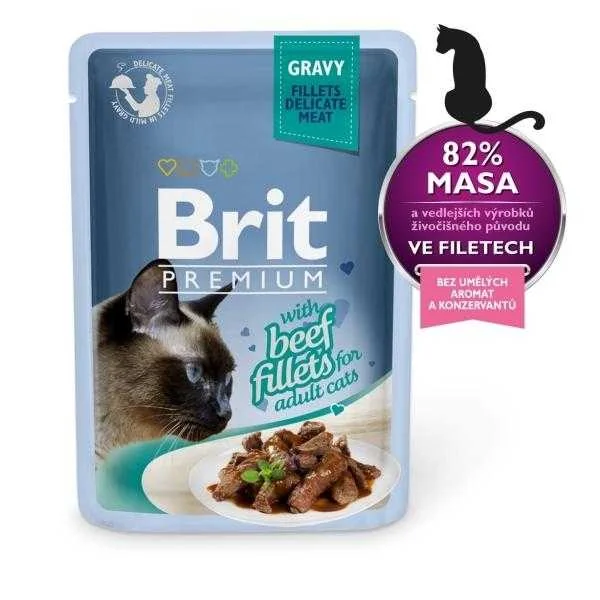 Brit Kapsička Prem Cat Delic Fillets In Gravy With Beef 1×85 g, kompletné vlhké krmivo pre dospelé mačky