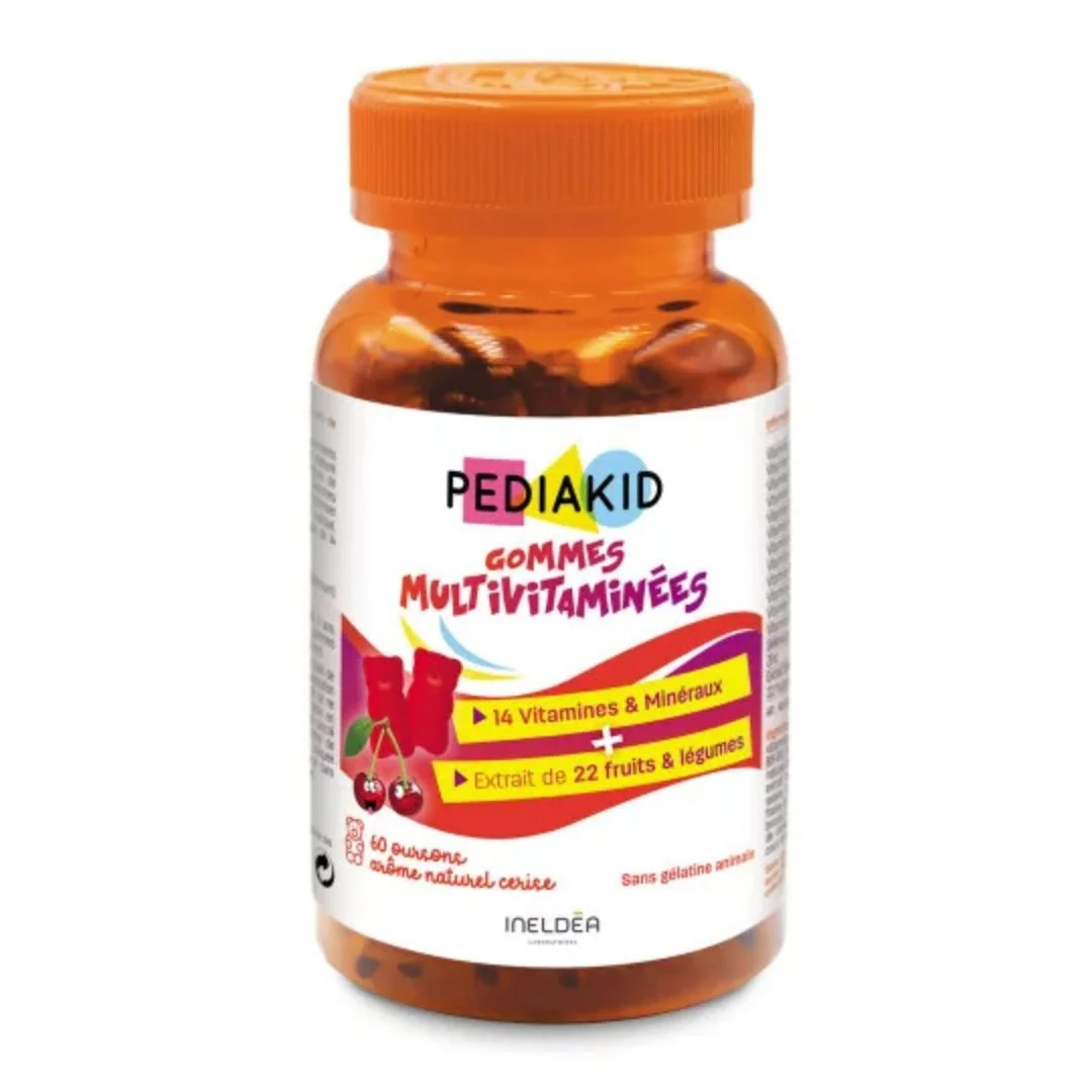 Pediakid Multivitamínové vegánske prírodné gumené cukríky pre deti čerešňová príchuť, 60 ks